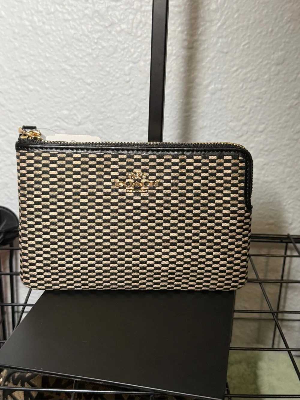 Coach Black and Beige Checker Zip Wallet with Gold Logo